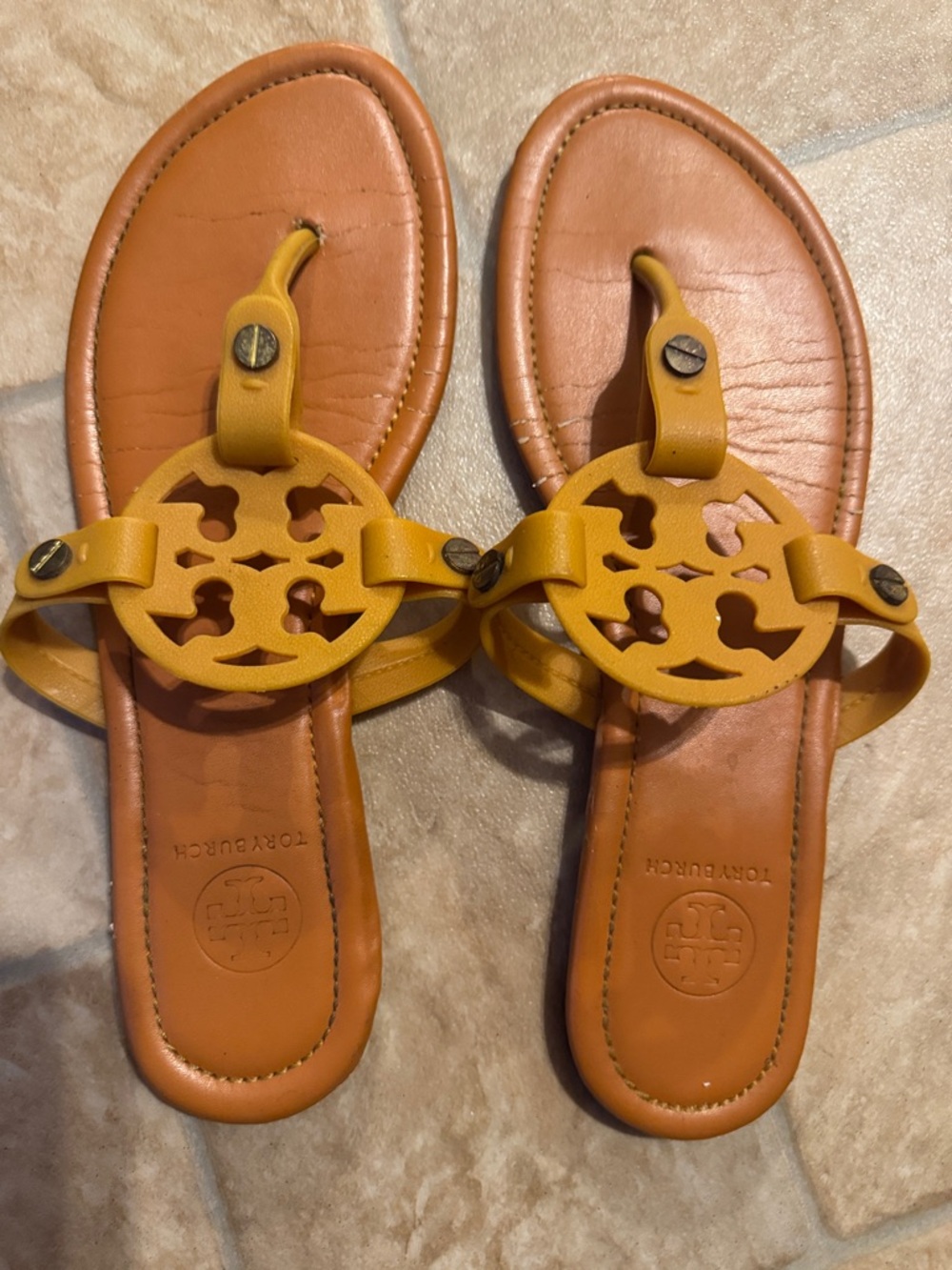 Tory Burch Leather Logo Thong Sandals in Mustard and Tan